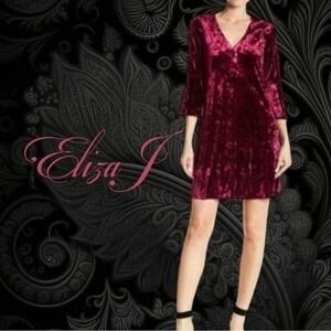 Eliza J Crushed Velvet Dress Womens Bell Sleeve‎ V-Neck Magenta Pink NO7M3901 2